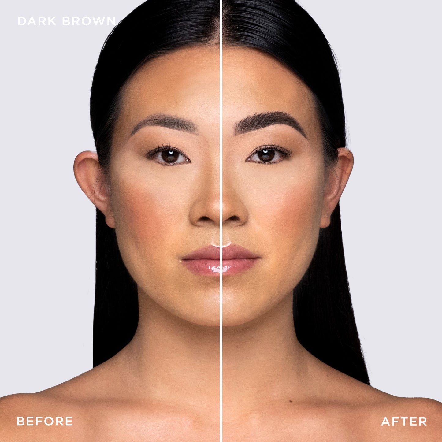 Before and after shot of model wearing Tinted Multi-Peptide Brow Gel - Dark Brown