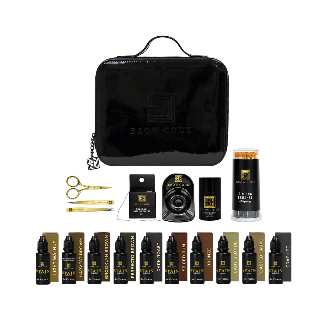 Professional Stain Hybrid Brow Dye Kit contents against a white background