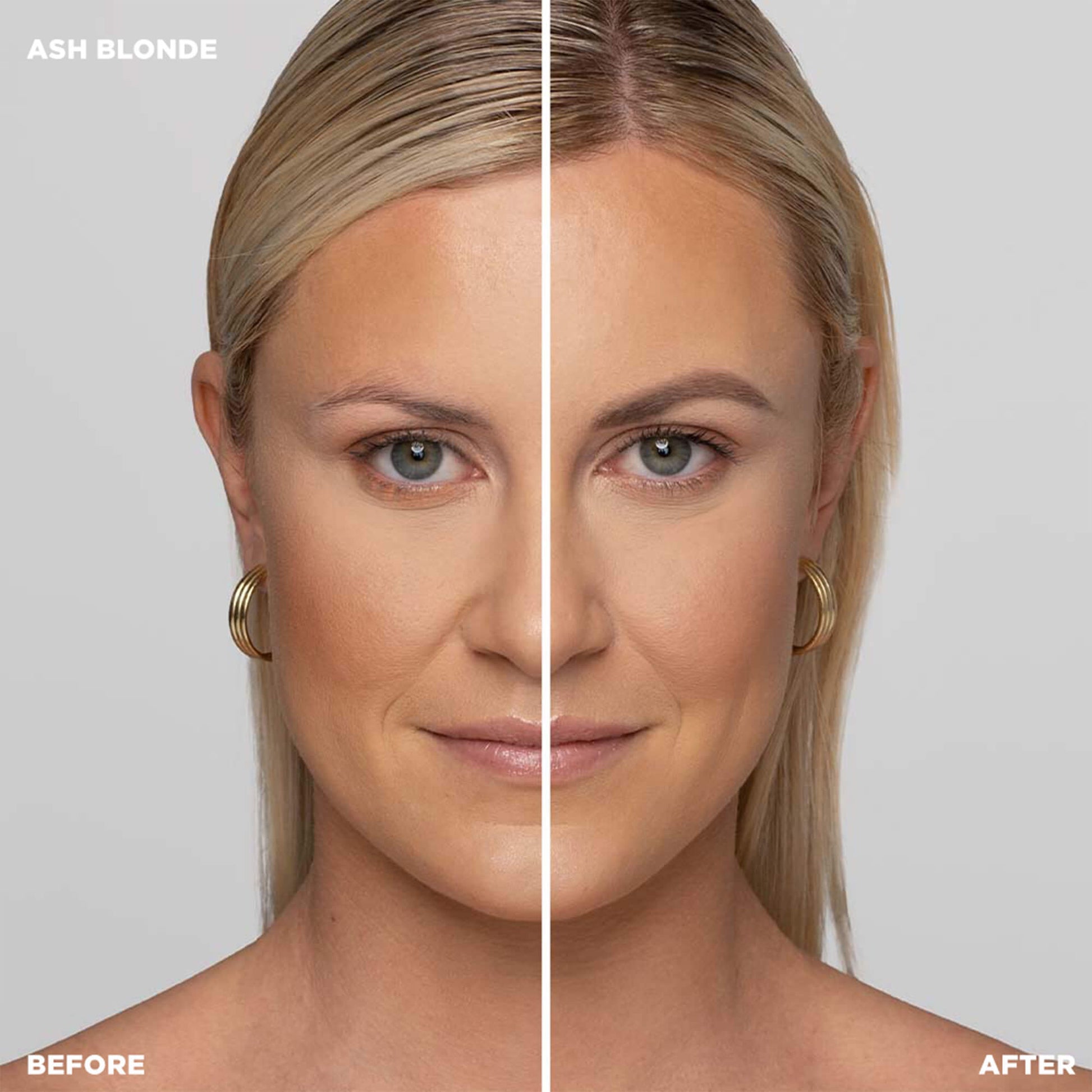 Before and after shot of model wearing Color-Light Ash Blonde