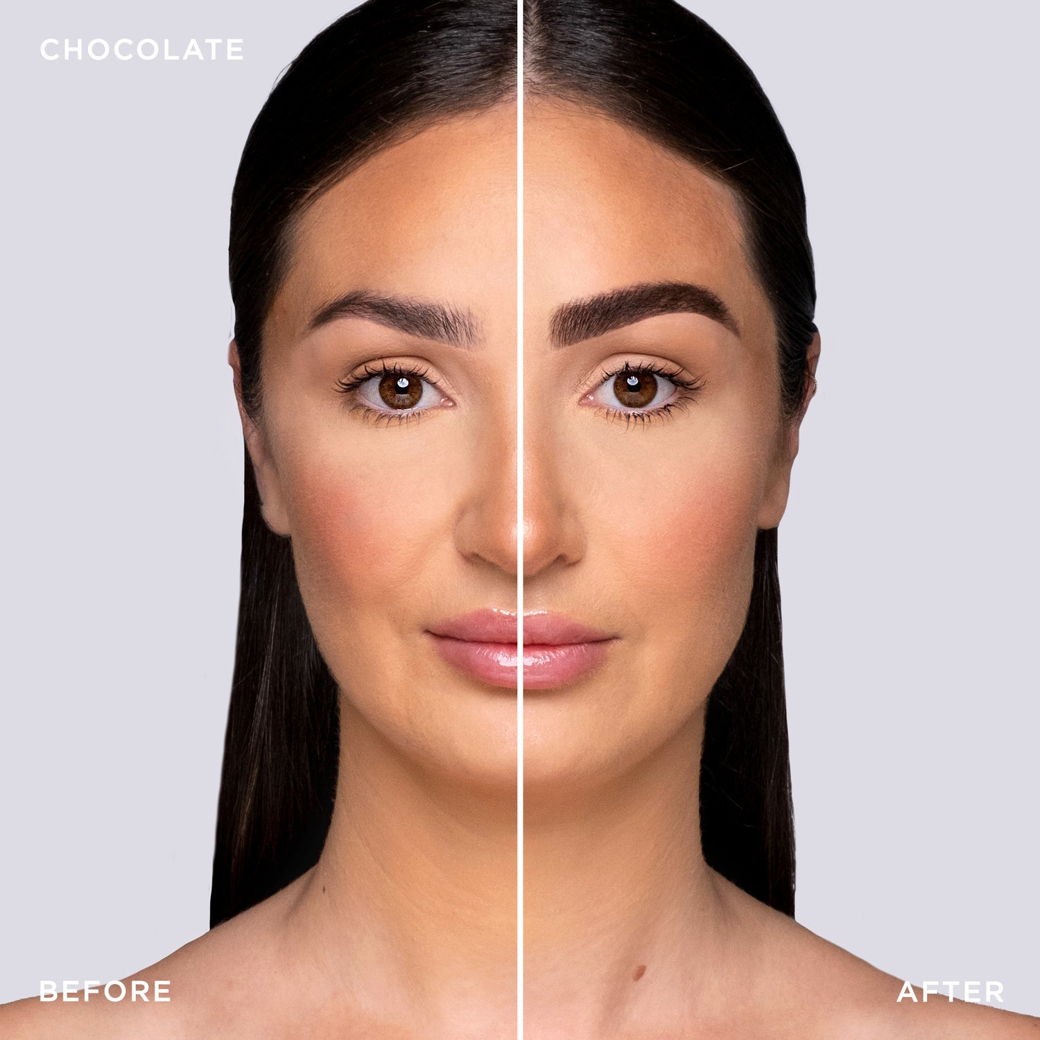 Before and after shot of model wearing Tinted Multi-Peptide Brow Gel - Chocolate